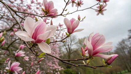 Obraz premium Close-Up of Blooming Pink Magnolia Blossoms Against a Soft Spring Floral Background, Showcasing the Delicate Beauty of a Magnificent Magnolia Tree in Selective Focus