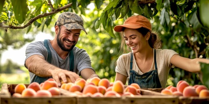 Smiling farmers harvest fresh peaches on a sunny day. They enjoy their work in a lush orchard. This vibrant and joyful scene captures the essence of farm life and community. AI - Powered by Adobe