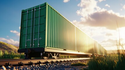 Obraz premium Green Cargo Containers on Railroad Tracks with Bright Sunset in Background