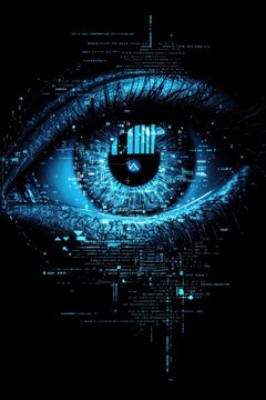 Futuristic blue digital eye with binary code and data graphics