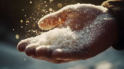 Fototapeta premium A close-up of a hand scooping up a handful of soft powder snow with flakes sparkling in sunlight.