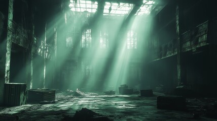 A gritty gunfight in a smoky warehouse, with beams of light cutting through the haze