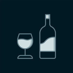Line Wine bottle with glass icon isolated on black background. Flat filled outline style with shadow. Vector