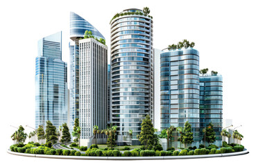 PNG Modern urban skyscrapers with greenery