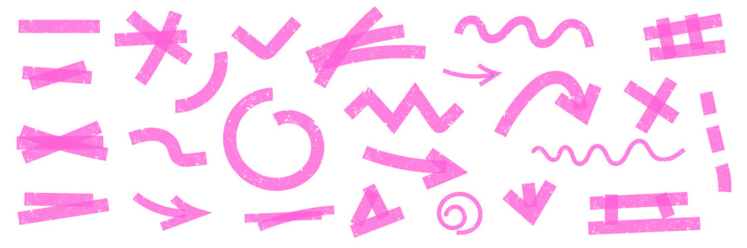 Pink highlight marker vector set with strokes, lines and doodles. Sketchy style checks, emphasis notes, and arrows.