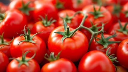 Close up of ripe red tomatoes with green stems.