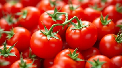 Close up of ripe red tomatoes with green stems.