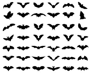 Big set of black silhouettes of bats on a white background	