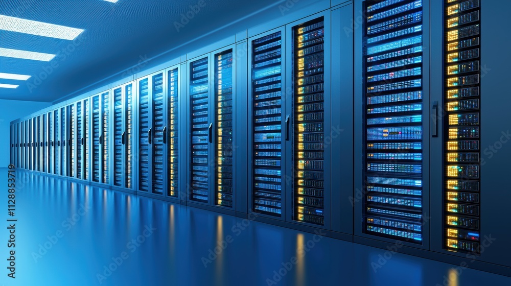 Poster ai driven data storage center with glowing holographic elements and advanced technology features