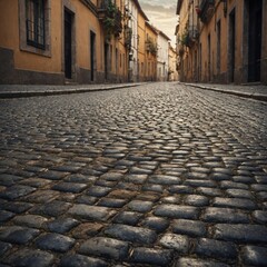 A cobblestone road, its worn surface textured, with a blurred historical cityscape.