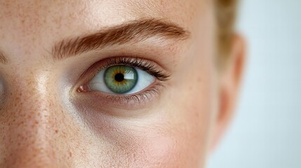 Close-up of a young Caucasian woman's striking green eye with freckles and soft skin tone.