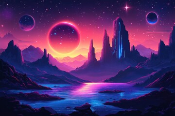 Naklejka premium Colorful alien landscape with planets in a surreal sky
