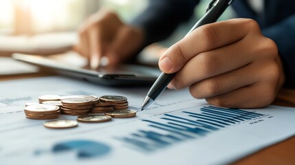 Finance team reviewing projected variable costs selective focus adaptable planning realistic Multilayer with market charts