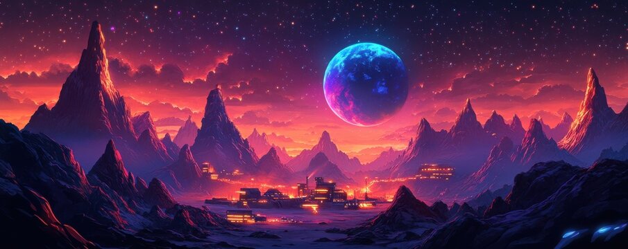 Futuristic alien landscape with glowing city under a vibrant sky