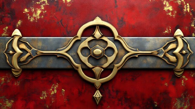 Gold ornate metal design on red textured background.