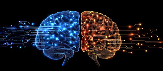 Two glowing brains connected by digital circuitry.
