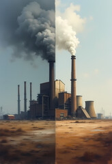 Split view of an industrial factory with smokestacks emitting smoke against a dusty landscape