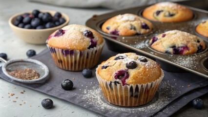 A batch of vibrant blueberry muffins is freshly emerged from the oven the tops perfectly domed and glistening with a sprinkle of sugar. Each muffin is studded with plump