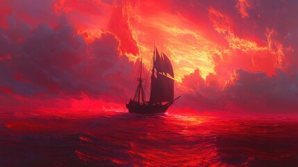 Fototapeta premium Sailboat on red ocean at sunset, fiery clouds.