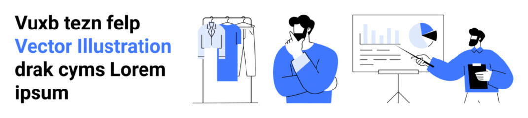 Person considering clothing options, thinking deeply, another presenting data on screen. Ideal for corporate training, career development, professional attire, decision making, presentation skills