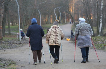 Three elderly ladies in warm clothes are engaged in Nordic walking in a public park, Yesenin Park, St. Petersburg, Russia, December 11, 2024