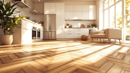 Fototapeta premium A low angle shot of a modern kitchen with light streaming through a large window onto a hardwood floor. The floor is a warm brown and the light creates a pattern of stripes on the floor.