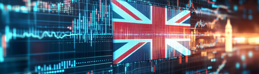 Fototapeta premium A digital rendering features the Union Jack flag amidst financial data charts and graphs, symbolizing economic analysis in the UK setting.