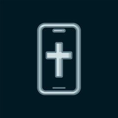 Line Christian cross on mobile phone icon isolated on black background. Church cross. Flat filled outline style with shadow. Vector