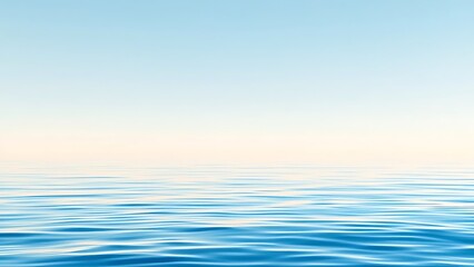 Fototapeta premium Tranquil minimalist landscape with a smooth blue sea surface with calm waters with a horizon and clear skies. Simple beautiful natural calm background. Generative AI.