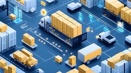 A modern supply chain hub utilizing IoT for visibility and tracking, showcasing digital screens, RFID tags, and optimized logistics processes