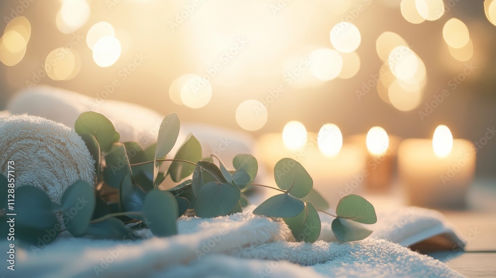 Poster soft towels and fresh eucalyptus set a tranquil atmosphere enhanced by candlelight, promoting a zero