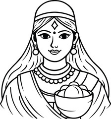 A drawing of a woman holding a tray of food with a basket of eggs