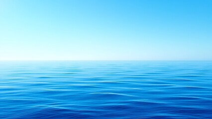 Fototapeta premium Tranquil minimalist landscape with a smooth blue sea surface with calm waters with a horizon and clear skies. Simple beautiful natural calm background. Generative AI.