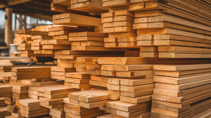 A close-up view of neatly stacked wooden planks in warm tones, showcasing their natural grain patterns and textures.