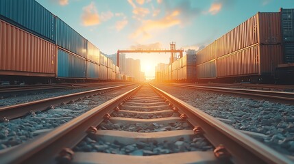 Fototapeta premium Freight train on tracks carrying stacked containers focus on rail logistics futuristic silhouette with cityscape backdrop
