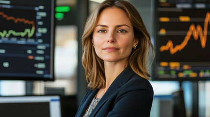 Confident female finance professional in office with financial charts behind her