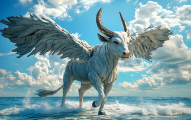 Fototapeta premium View of a white cow with large wings and horns Below a blue sky
