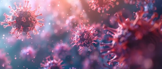 The image shows SARS-CoV-2 cells in motion on a blue backdrop with red hues and white spots, aiding in understanding viral structures.