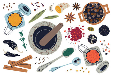 Vector illustration of flat cartoon spice collection with mortar, pestle, and colorful ingredients like cloves, cinnamon, turmeric, star anise. Perfect for food design, seasoning, and kitchen decor