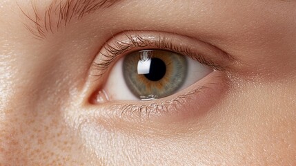 Obraz premium Close-up of a human eye featuring intricate details and a mix of green and brown hues.