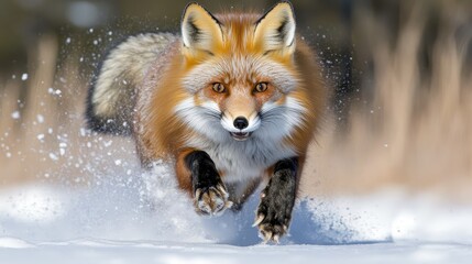 Fototapeta premium Red fox running in snow capturing nature's wild beauty