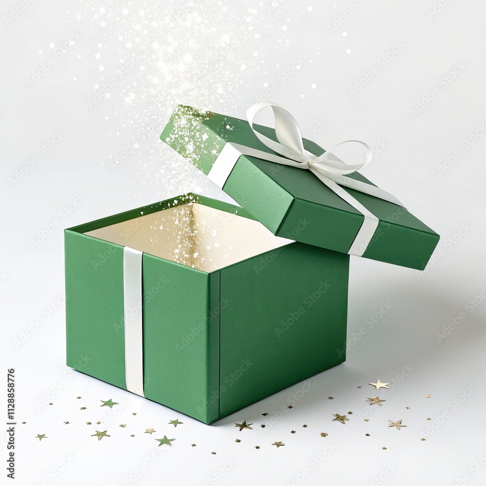 Poster beautiful open green festive box with flying glitter and sparkles on a white background.