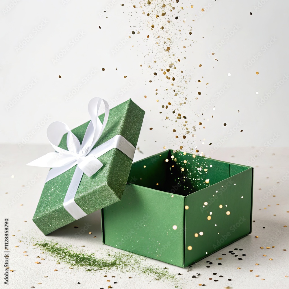 Poster beautiful open green festive box with flying glitter and sparkles on a white background.