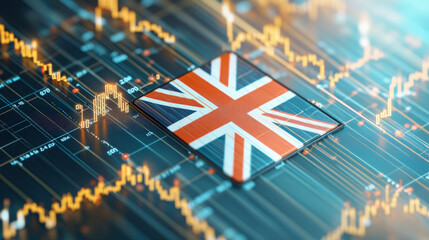 The image depicts a British flag on a digital circuit board with financial charts, symbolizing the UK's financial technology or economic data analysis.