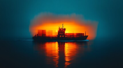 Fototapeta premium Container ship on the ocean close up ocean freight vibrant Double exposure against sunset backdrop