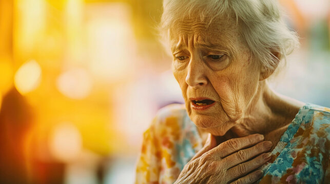 Elderly woman experiences breathing difficulty in a bright, emotional moment