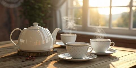 Fototapeta premium Inviting Still Life of Teacups and Teapot on a Wooden Table with a Warm, Cozy Atmosphere