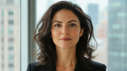 Confident businesswoman in urban office exudes professionalism and success