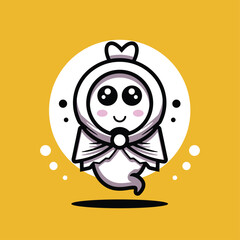 A whimsical ghost character smiles happily, adorned with a bow and scarf. The background is cheerful yellow, enhancing the playful nature of this illustration.