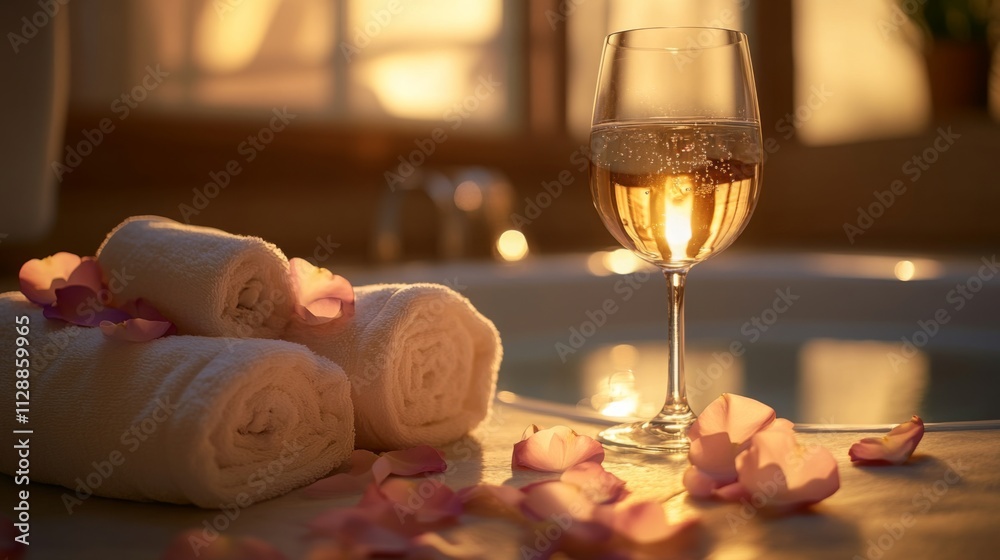 Poster Soft light filters through a window, illuminating rolled towels and rose petals scattered on a counter next to a glass of sparkling drink, highlighting a serene spa ambience focused on relaxation.